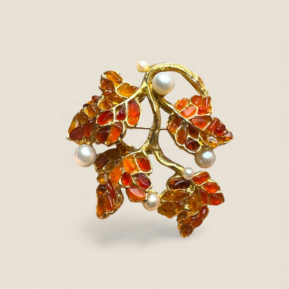 Vintage Mid-Century Gemstone & Pearl Branch Brooch – Unsigned Artisan, Swoboda-Style