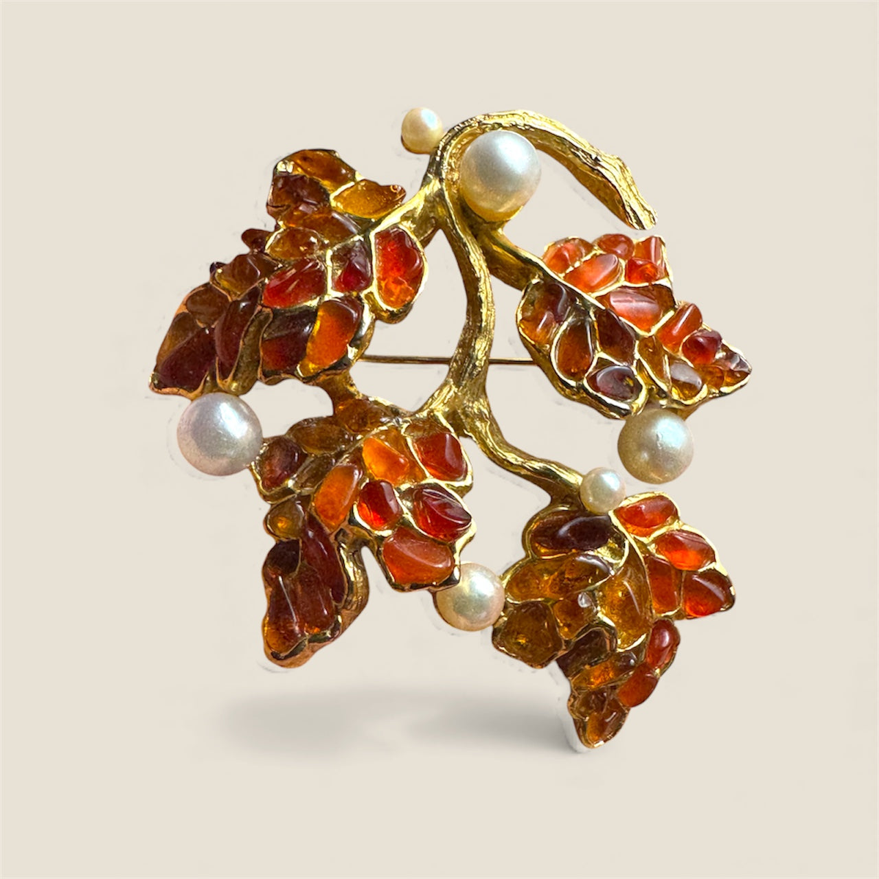 Vintage Mid-Century Gemstone & Pearl Branch Brooch – Unsigned Artisan, Swoboda-Style