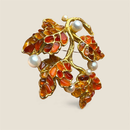 Vintage Mid-Century Gemstone & Pearl Branch Brooch – Unsigned Artisan, Swoboda-Style