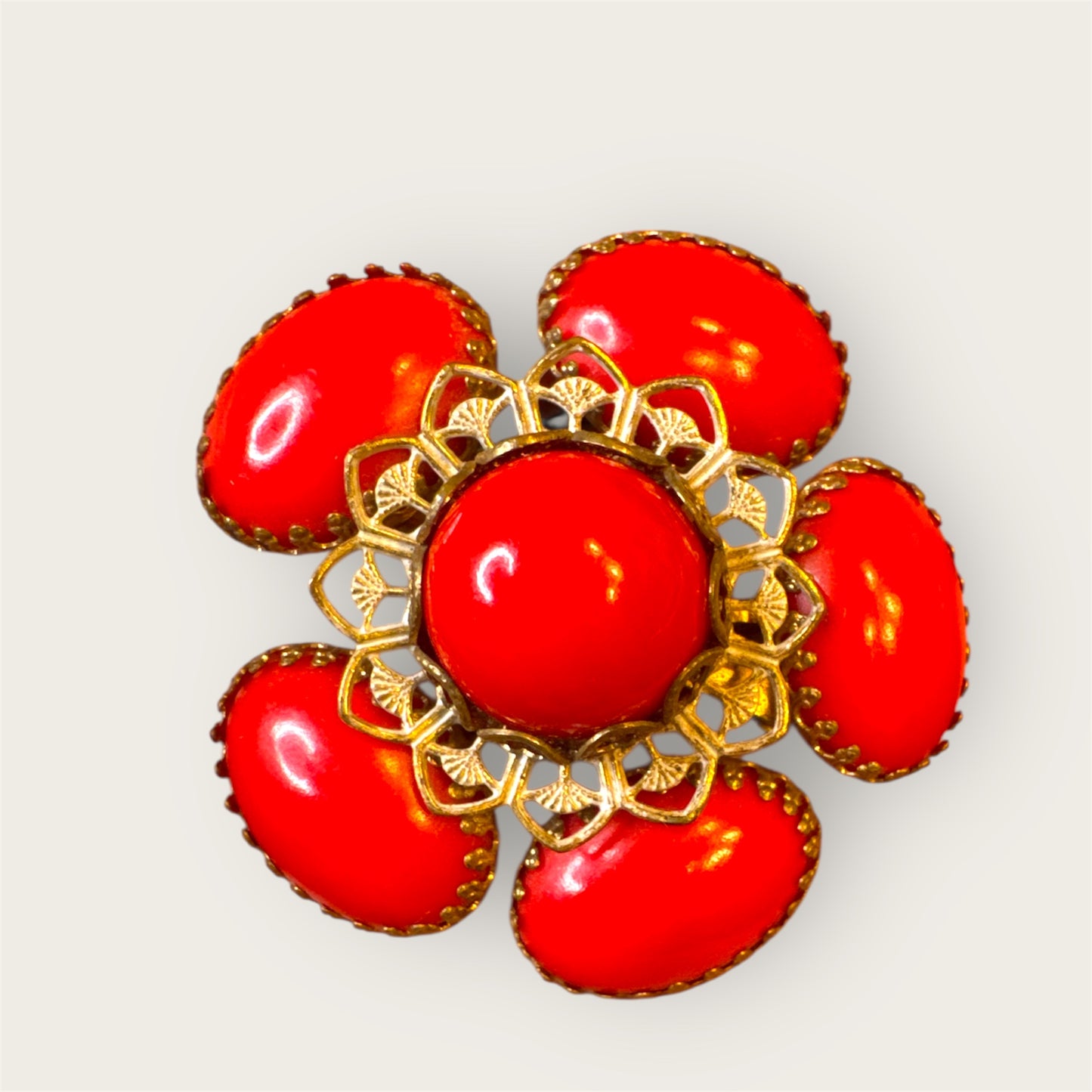 Vintage Mid-Century Gold-Tone Floral Brooch with Red Glass Cabochons
