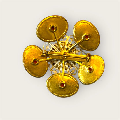 Vintage Mid-Century Gold-Tone Floral Brooch with Red Glass Cabochons