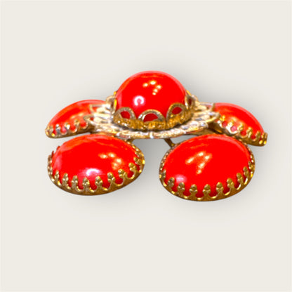 Vintage Mid-Century Gold-Tone Floral Brooch with Red Glass Cabochons