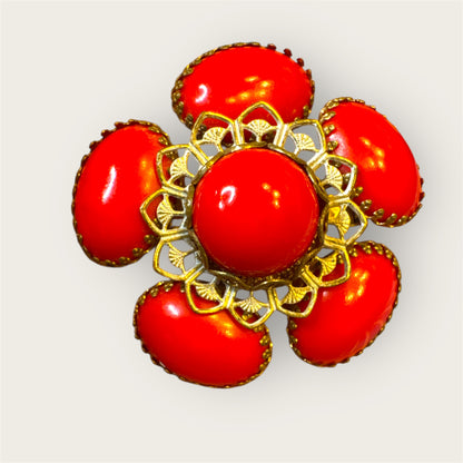 Vintage Mid-Century Gold-Tone Floral Brooch with Red Glass Cabochons