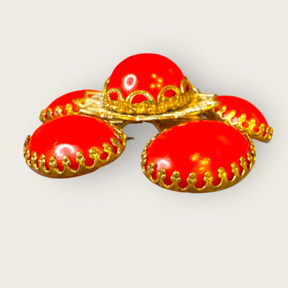 Vintage Mid-Century Gold-Tone Floral Brooch with Red Glass Cabochons