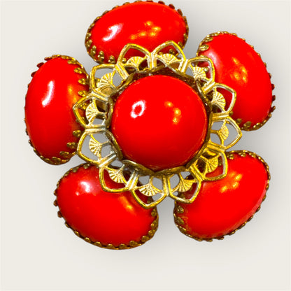 Vintage Mid-Century Gold-Tone Floral Brooch with Red Glass Cabochons