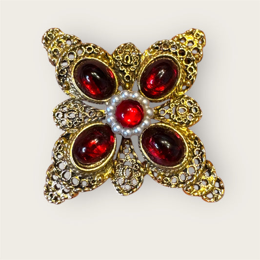 Vintage Gold-Tone Filigree Brooch with Red Glass Cabochons & Seed Pearl–Style Center