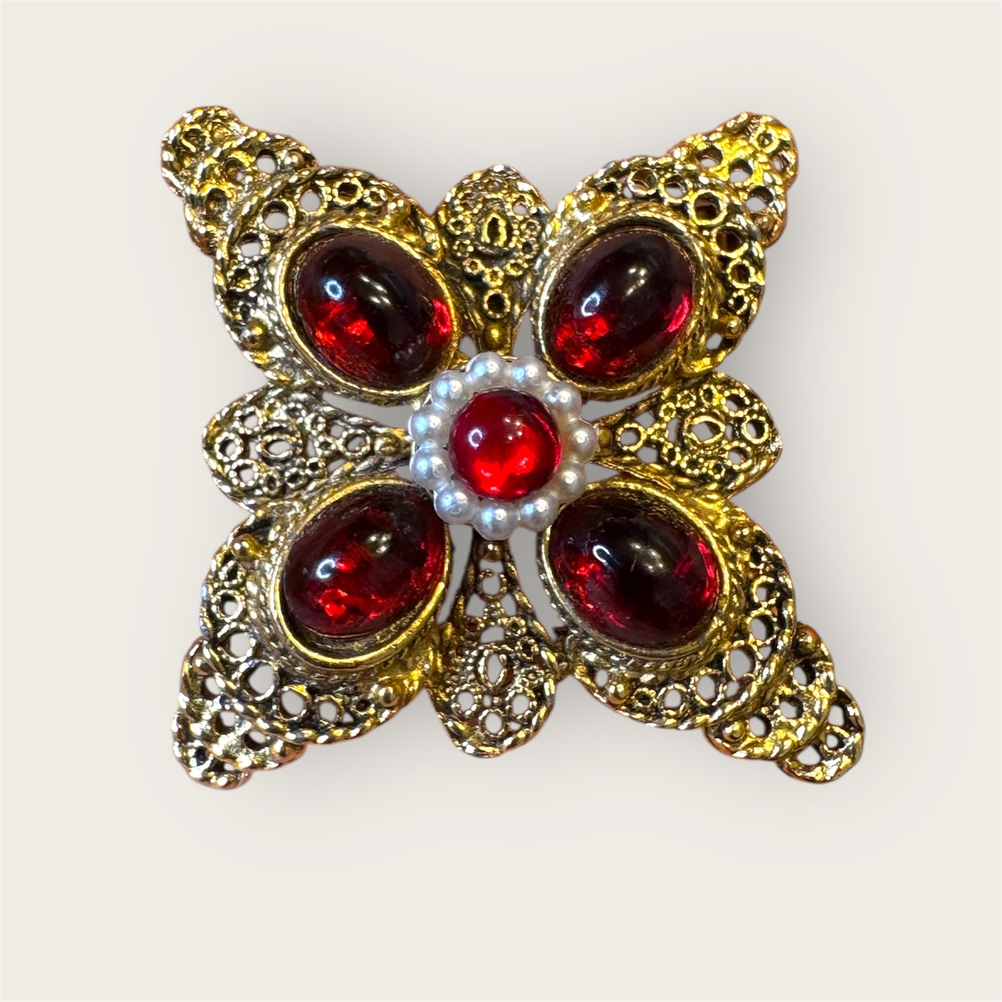 Vintage Gold-Tone Filigree Brooch with Red Glass Cabochons & Seed Pearl–Style Center