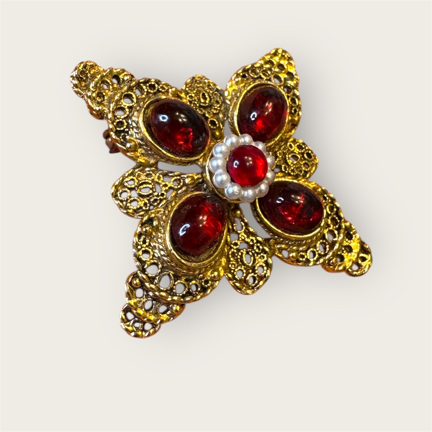 Vintage Gold-Tone Filigree Brooch with Red Glass Cabochons & Seed Pearl–Style Center