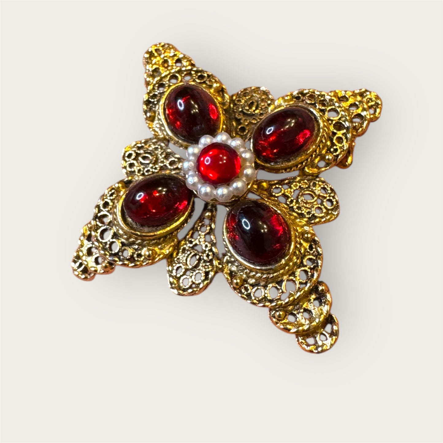 Vintage Gold-Tone Filigree Brooch with Red Glass Cabochons & Seed Pearl–Style Center