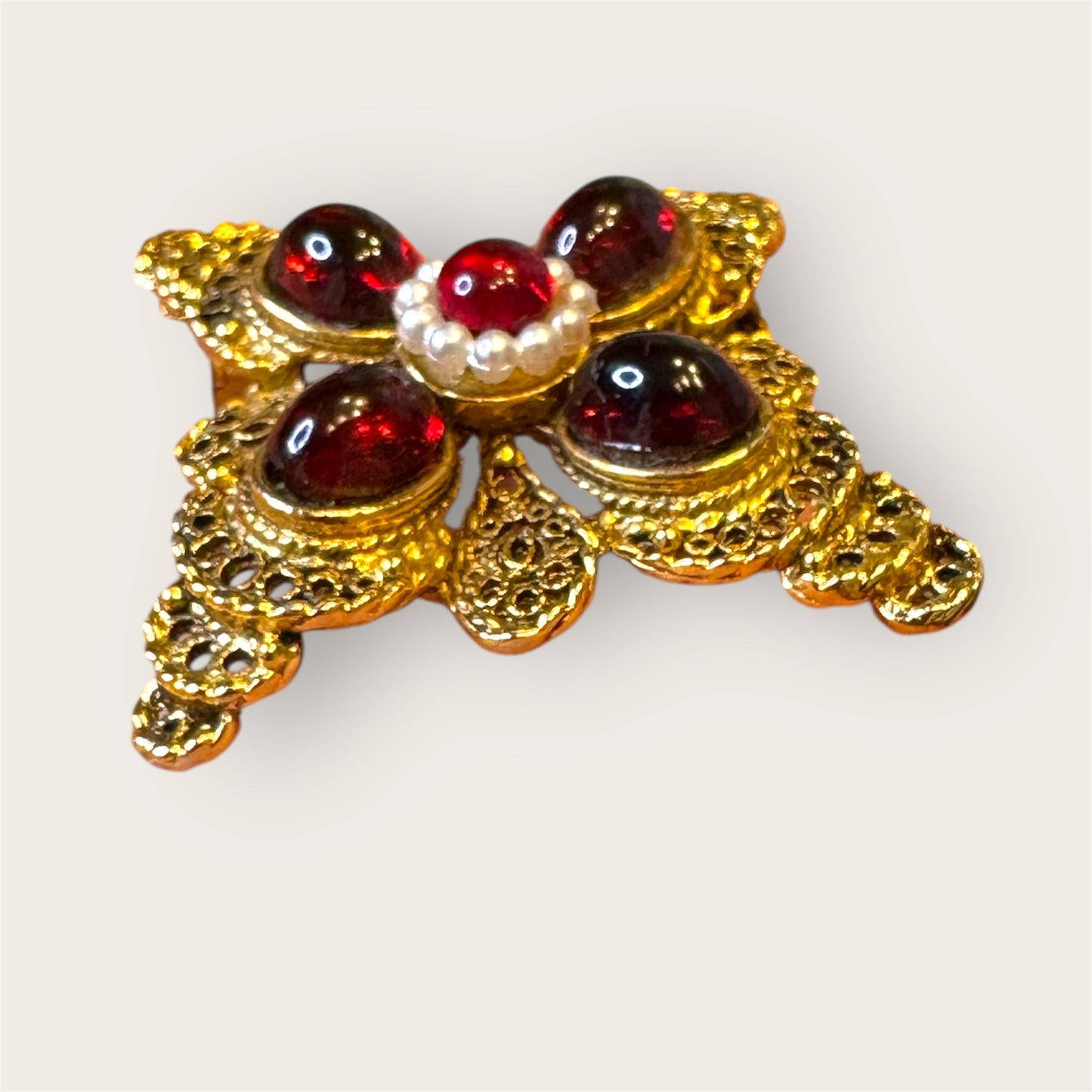 Vintage Gold-Tone Filigree Brooch with Red Glass Cabochons & Seed Pearl–Style Center