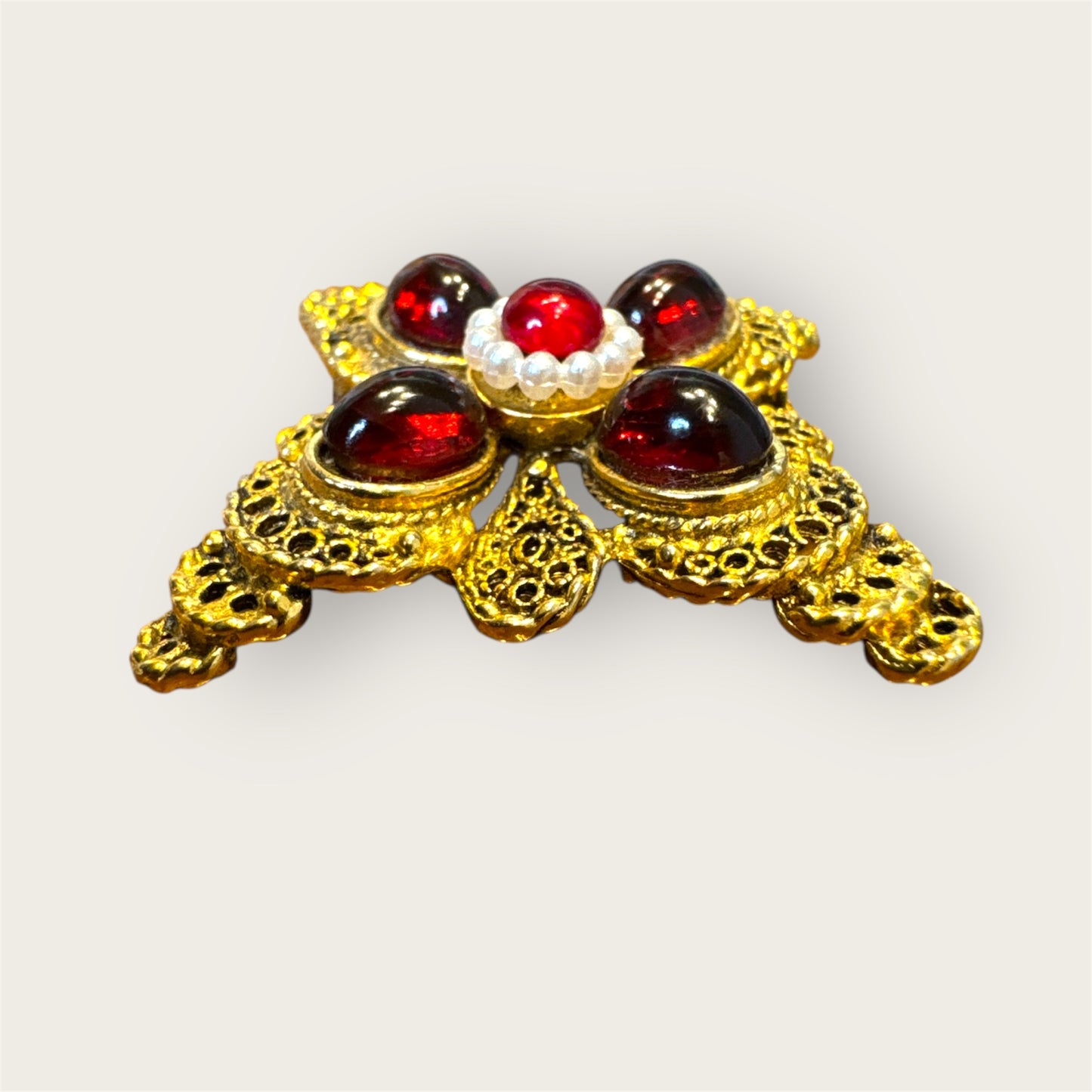 Vintage Gold-Tone Filigree Brooch with Red Glass Cabochons & Seed Pearl–Style Center