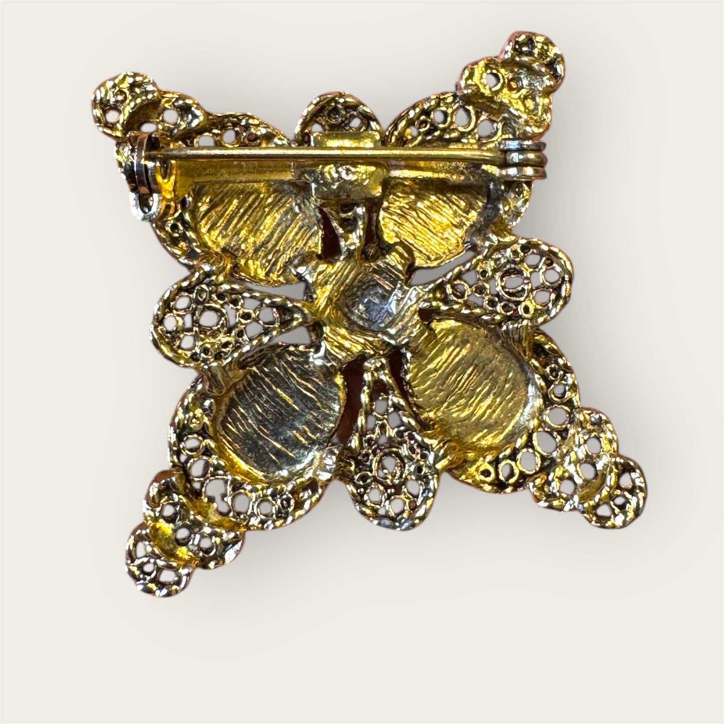Vintage Gold-Tone Filigree Brooch with Red Glass Cabochons & Seed Pearl–Style Center