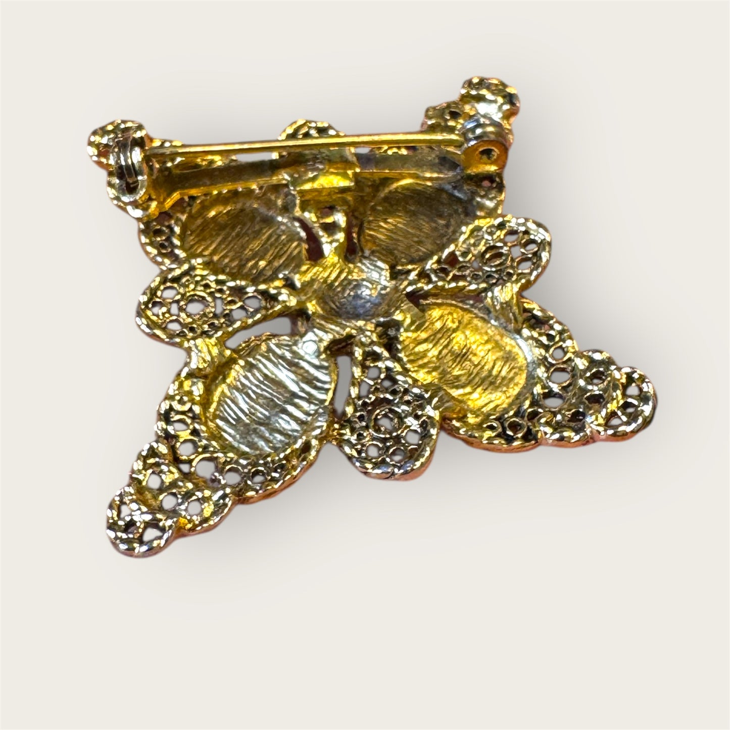 Vintage Gold-Tone Filigree Brooch with Red Glass Cabochons & Seed Pearl–Style Center