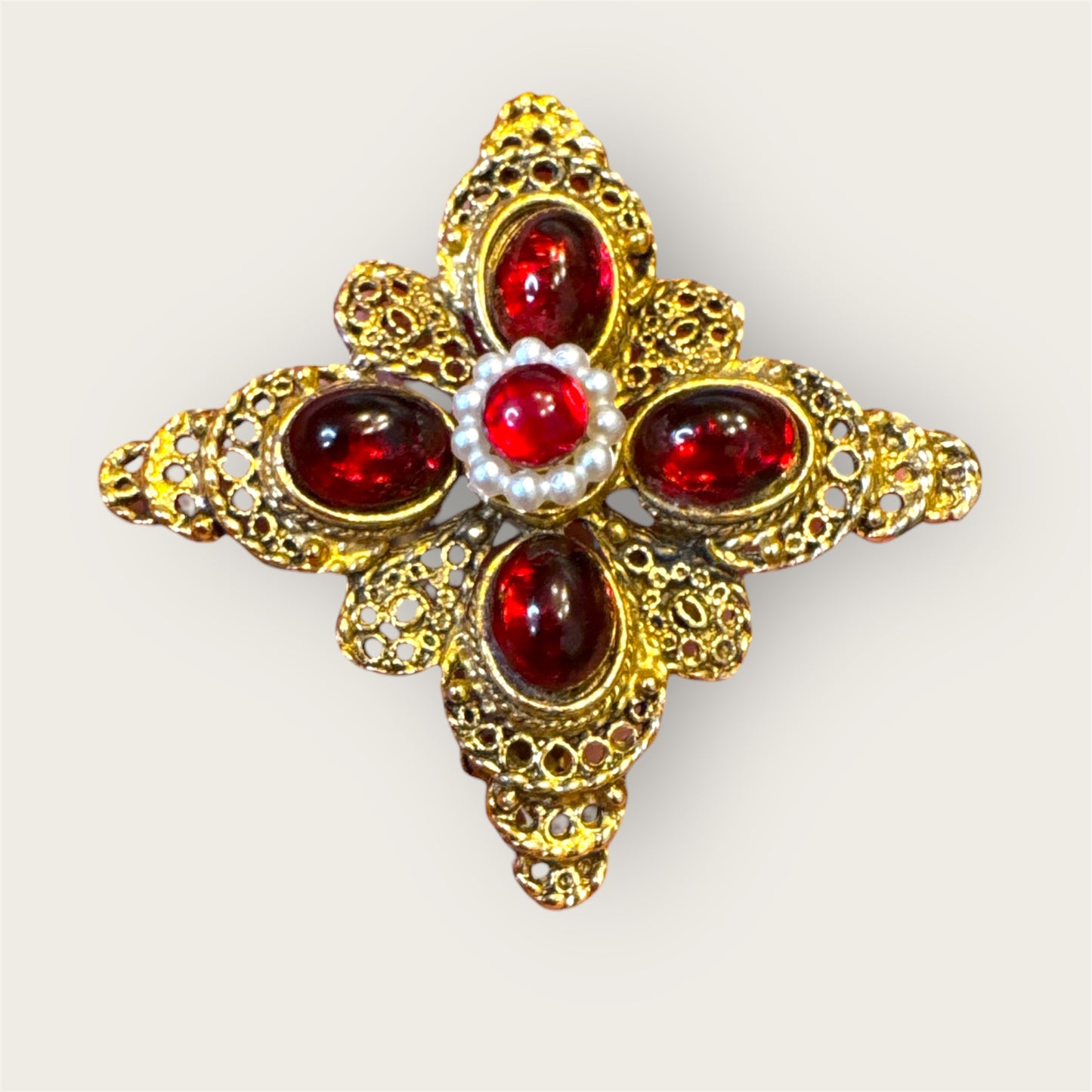 Vintage Gold-Tone Filigree Brooch with Red Glass Cabochons & Seed Pearl–Style Center
