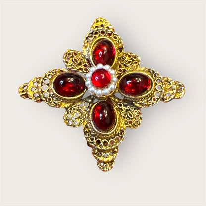Vintage Gold-Tone Filigree Brooch with Red Glass Cabochons & Seed Pearl–Style Center
