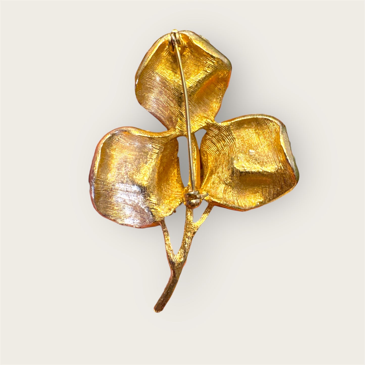 Vintage Gold-Tone Three-Leaf Brooch with Genuine Green Gemstone Chips & Clear Rhinestones