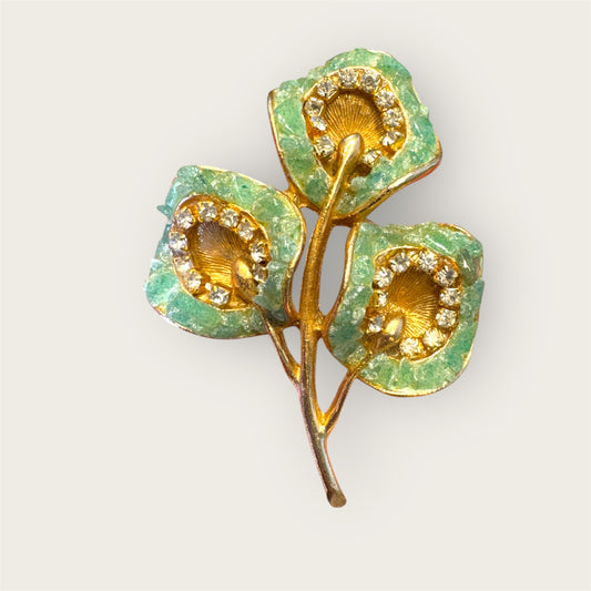 Vintage Gold-Tone Three-Leaf Brooch with Genuine Green Gemstone Chips & Clear Rhinestones