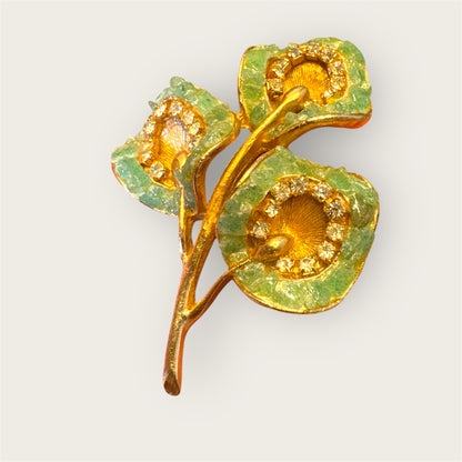 Vintage Gold-Tone Three-Leaf Brooch with Genuine Green Gemstone Chips & Clear Rhinestones