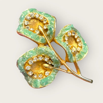 Vintage Gold-Tone Three-Leaf Brooch with Genuine Green Gemstone Chips & Clear Rhinestones
