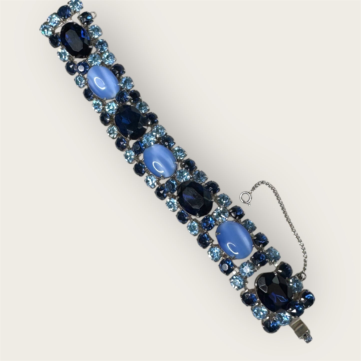 Vintage Mid-Century Sapphire & Bleu Moonstone Glass Statement Bracelet