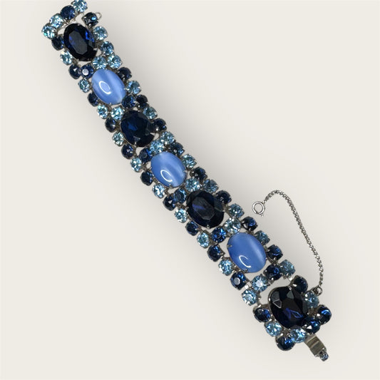 Vintage Mid-Century Sapphire & Bleu Moonstone Glass Statement Bracelet