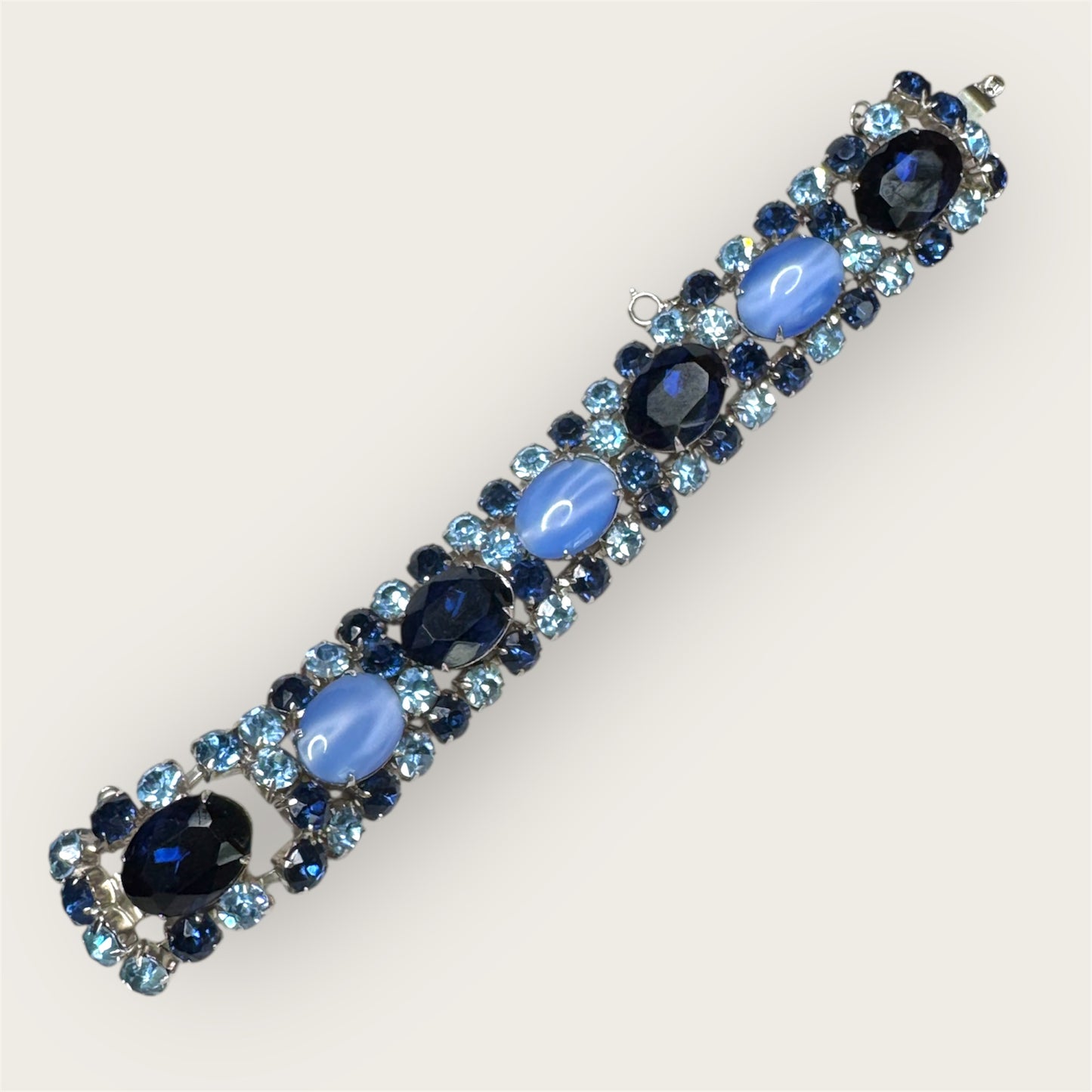 Vintage Mid-Century Sapphire & Bleu Moonstone Glass Statement Bracelet