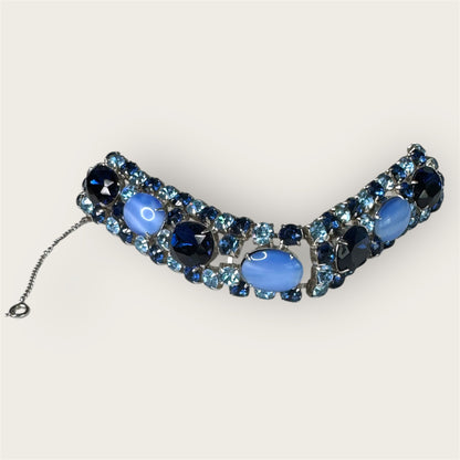 Vintage Mid-Century Sapphire & Bleu Moonstone Glass Statement Bracelet