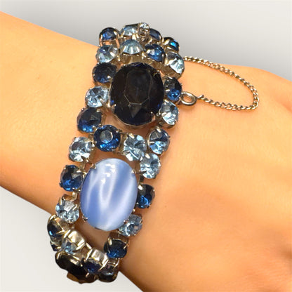 Vintage Mid-Century Sapphire & Bleu Moonstone Glass Statement Bracelet