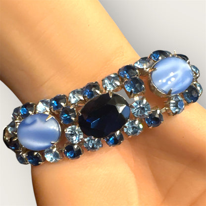 Vintage Mid-Century Sapphire & Bleu Moonstone Glass Statement Bracelet