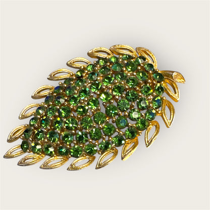 Vintage Lisner Gold Tone Green Rhinestone Leaf Brooch – Peridot Crystal Mid-Century Statement Pin
