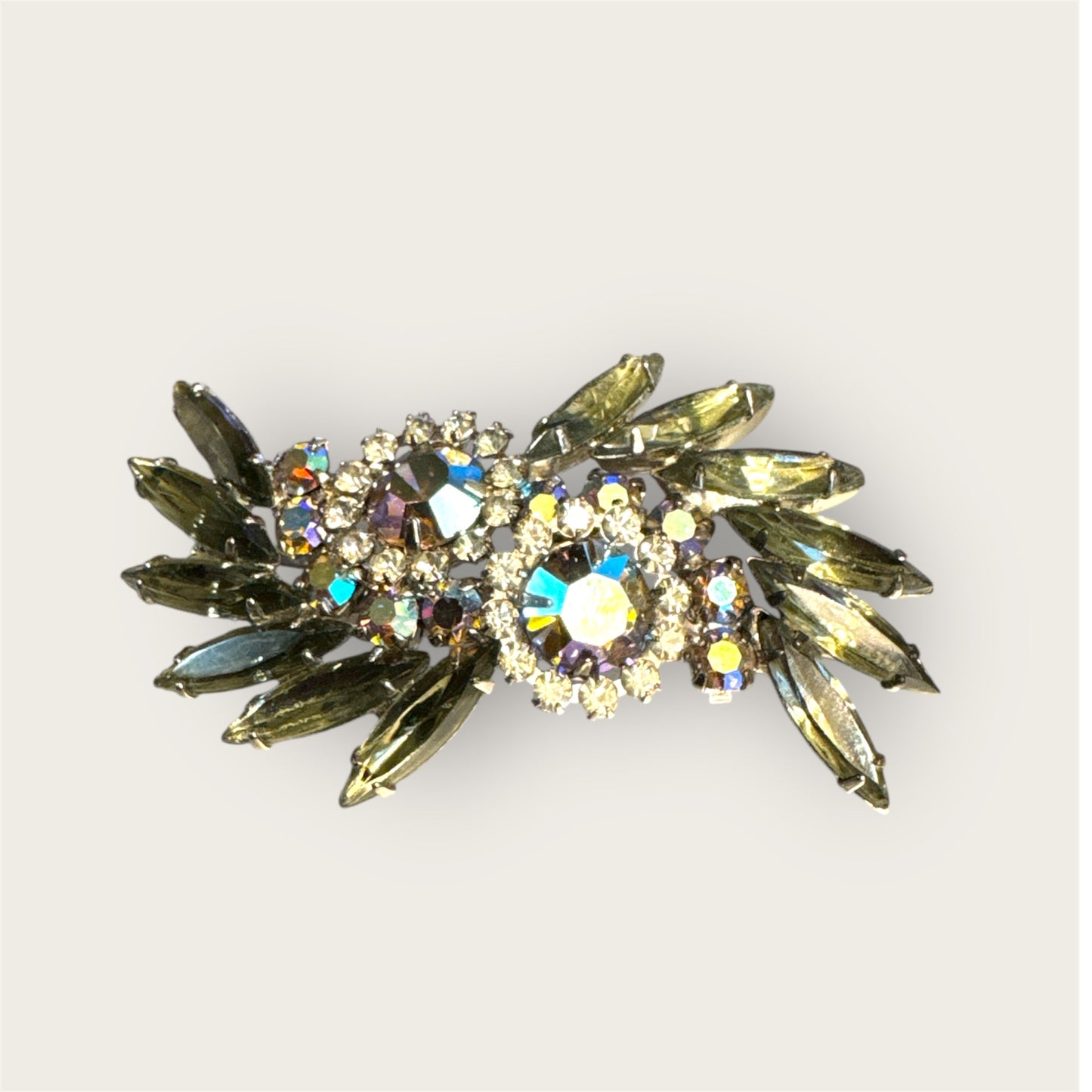 Vintage Silver Tone Slate Green Rhinestone Navette Brooch with Aurora Borealis Halo
