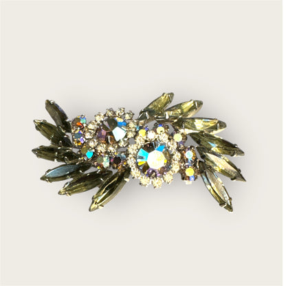 Vintage Silver Tone Slate Green Rhinestone Navette Brooch with Aurora Borealis Halo