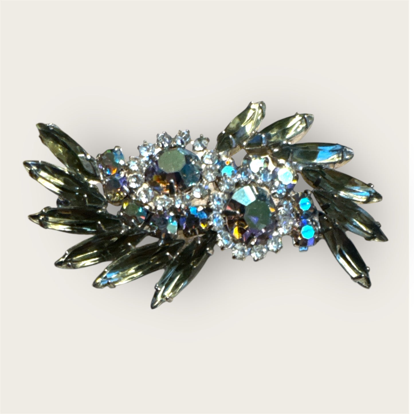 Vintage Silver Tone Slate Green Rhinestone Navette Brooch with Aurora Borealis Halo