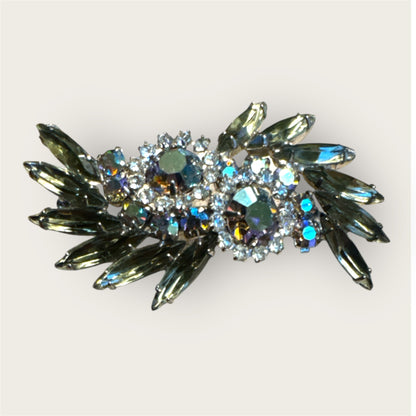Vintage Silver Tone Slate Green Rhinestone Navette Brooch with Aurora Borealis Halo