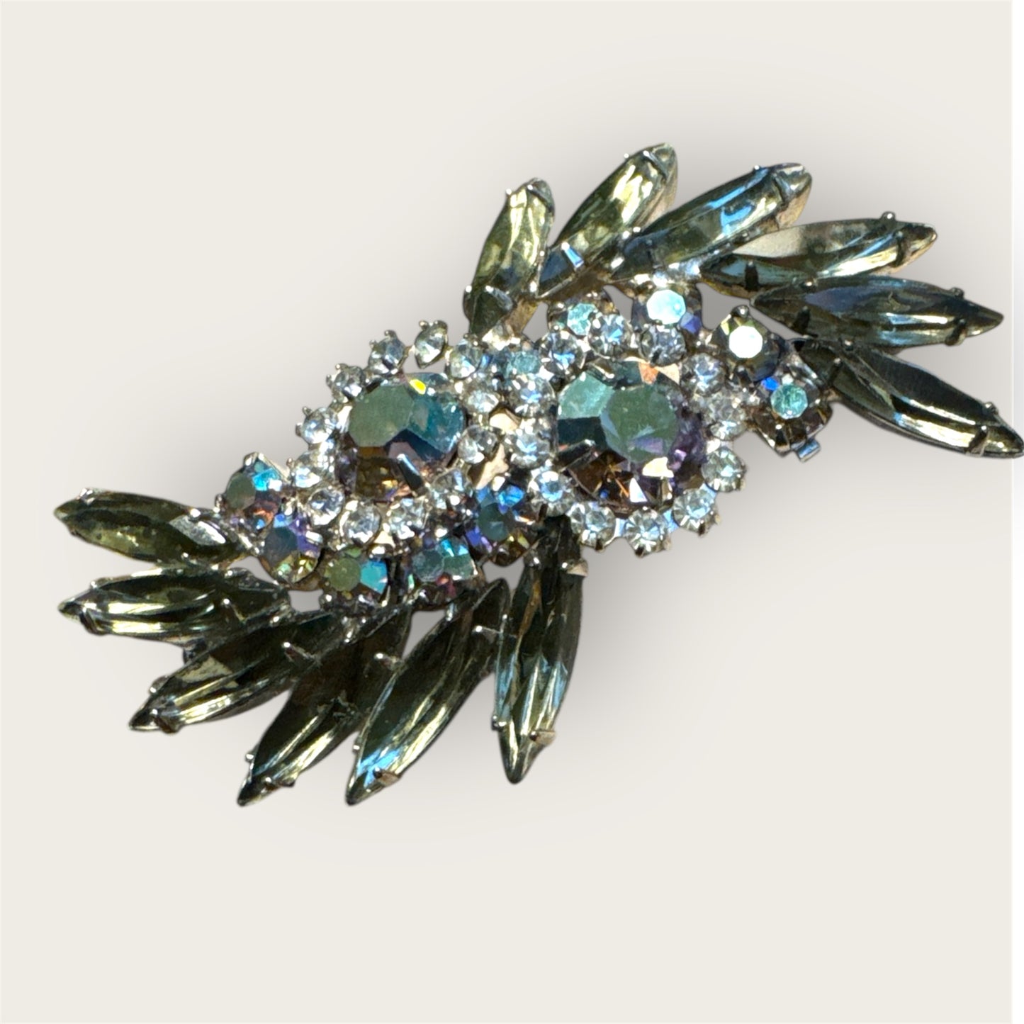 Vintage Silver Tone Slate Green Rhinestone Navette Brooch with Aurora Borealis Halo