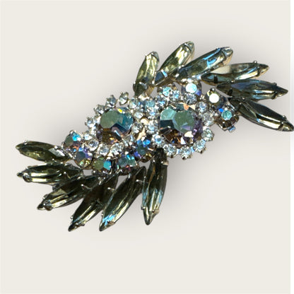 Vintage Silver Tone Slate Green Rhinestone Navette Brooch with Aurora Borealis Halo