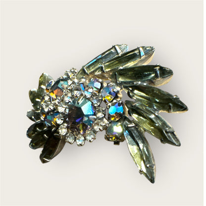 Vintage Silver Tone Slate Green Rhinestone Navette Brooch with Aurora Borealis Halo