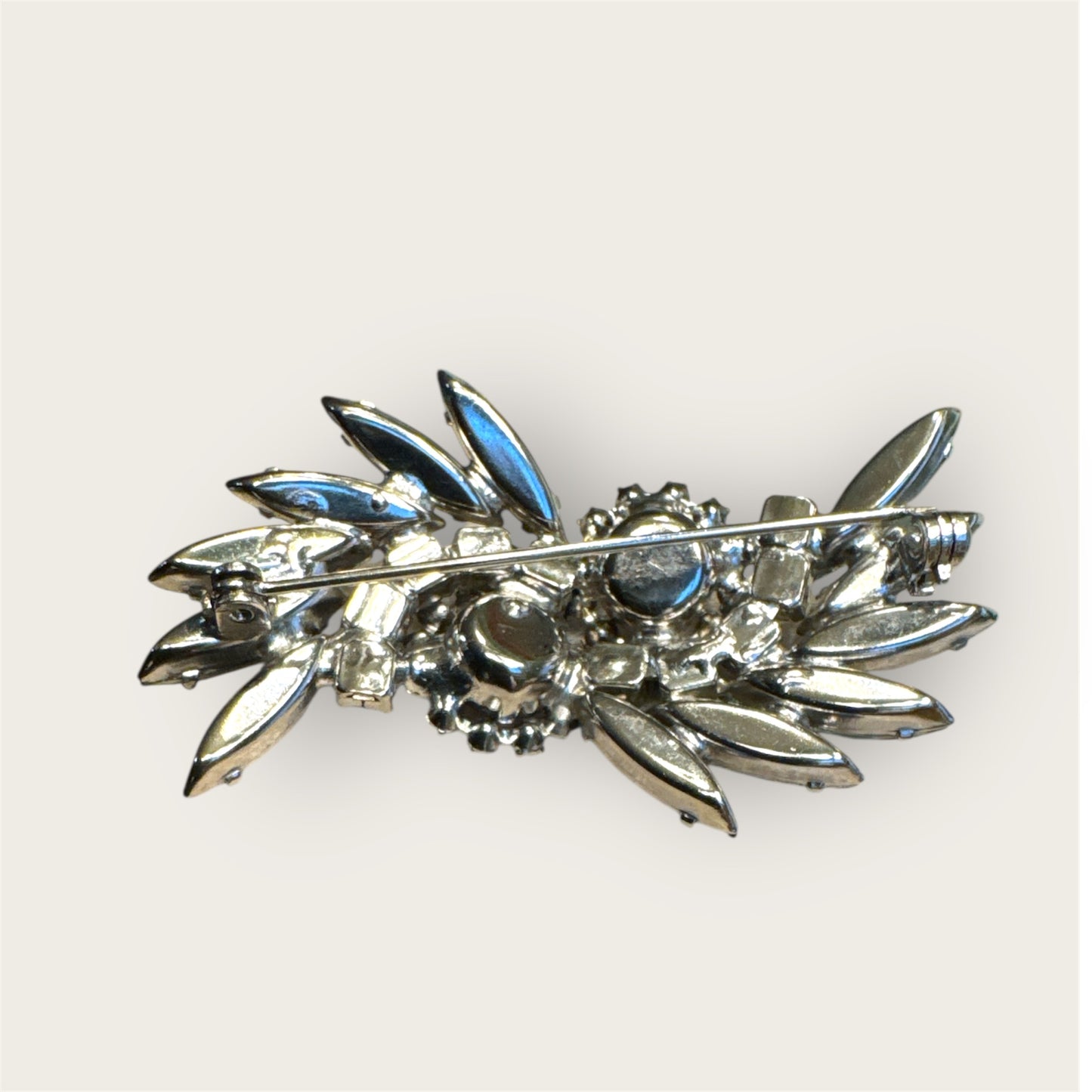 Vintage Silver Tone Slate Green Rhinestone Navette Brooch with Aurora Borealis Halo