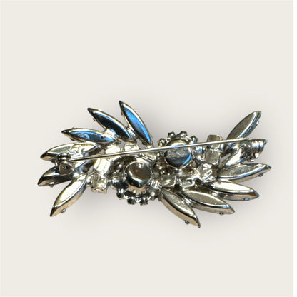 Vintage Silver Tone Slate Green Rhinestone Navette Brooch with Aurora Borealis Halo