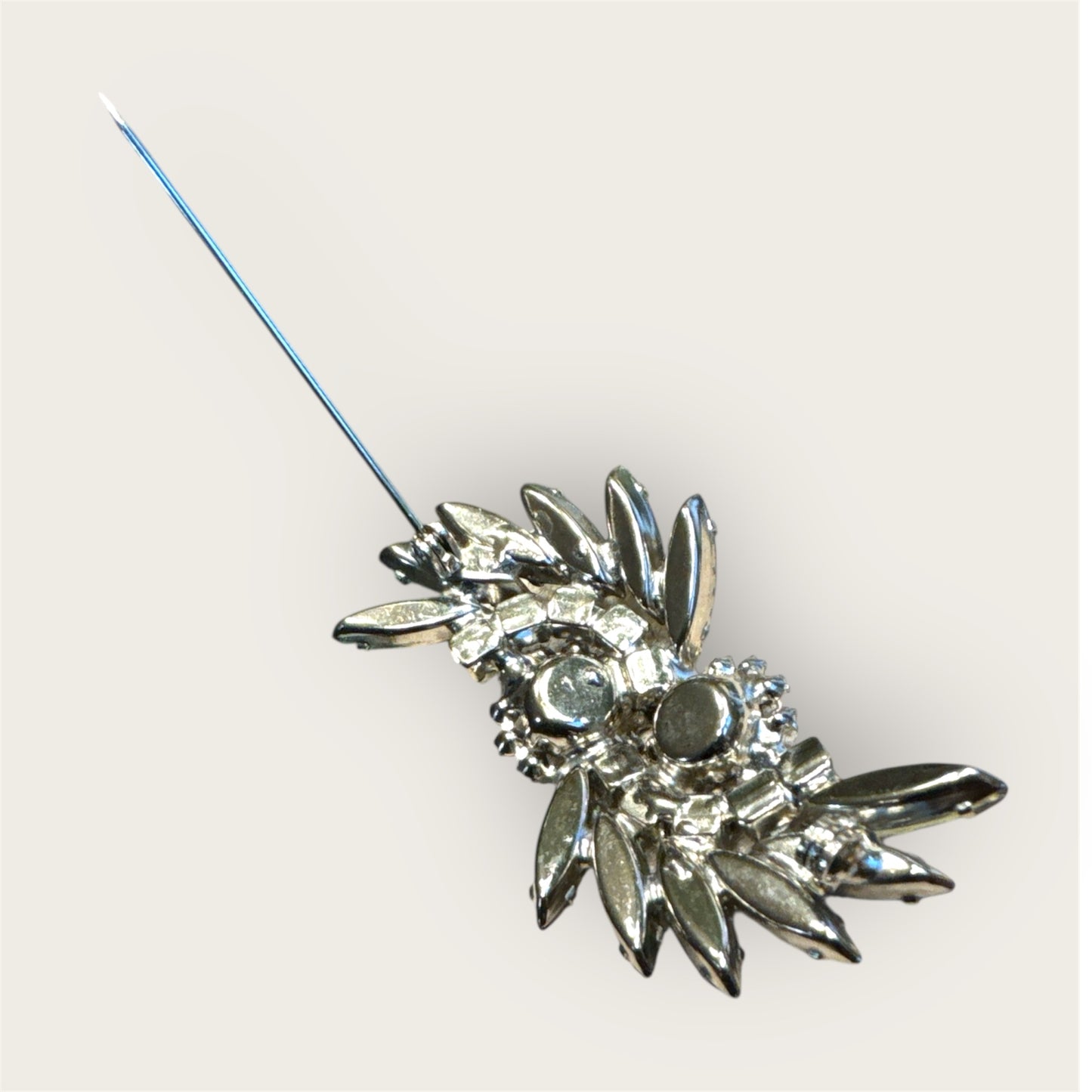 Vintage Silver Tone Slate Green Rhinestone Navette Brooch with Aurora Borealis Halo