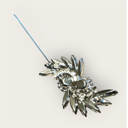 Vintage Silver Tone Slate Green Rhinestone Navette Brooch with Aurora Borealis Halo
