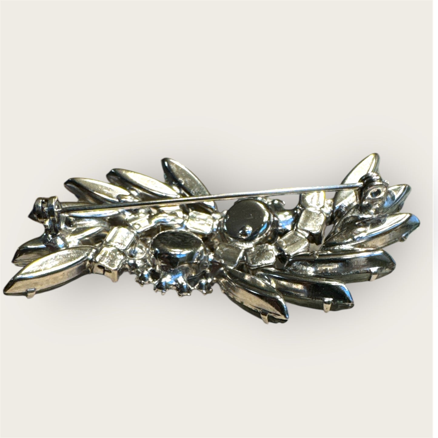 Vintage Silver Tone Slate Green Rhinestone Navette Brooch with Aurora Borealis Halo