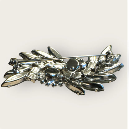 Vintage Silver Tone Slate Green Rhinestone Navette Brooch with Aurora Borealis Halo