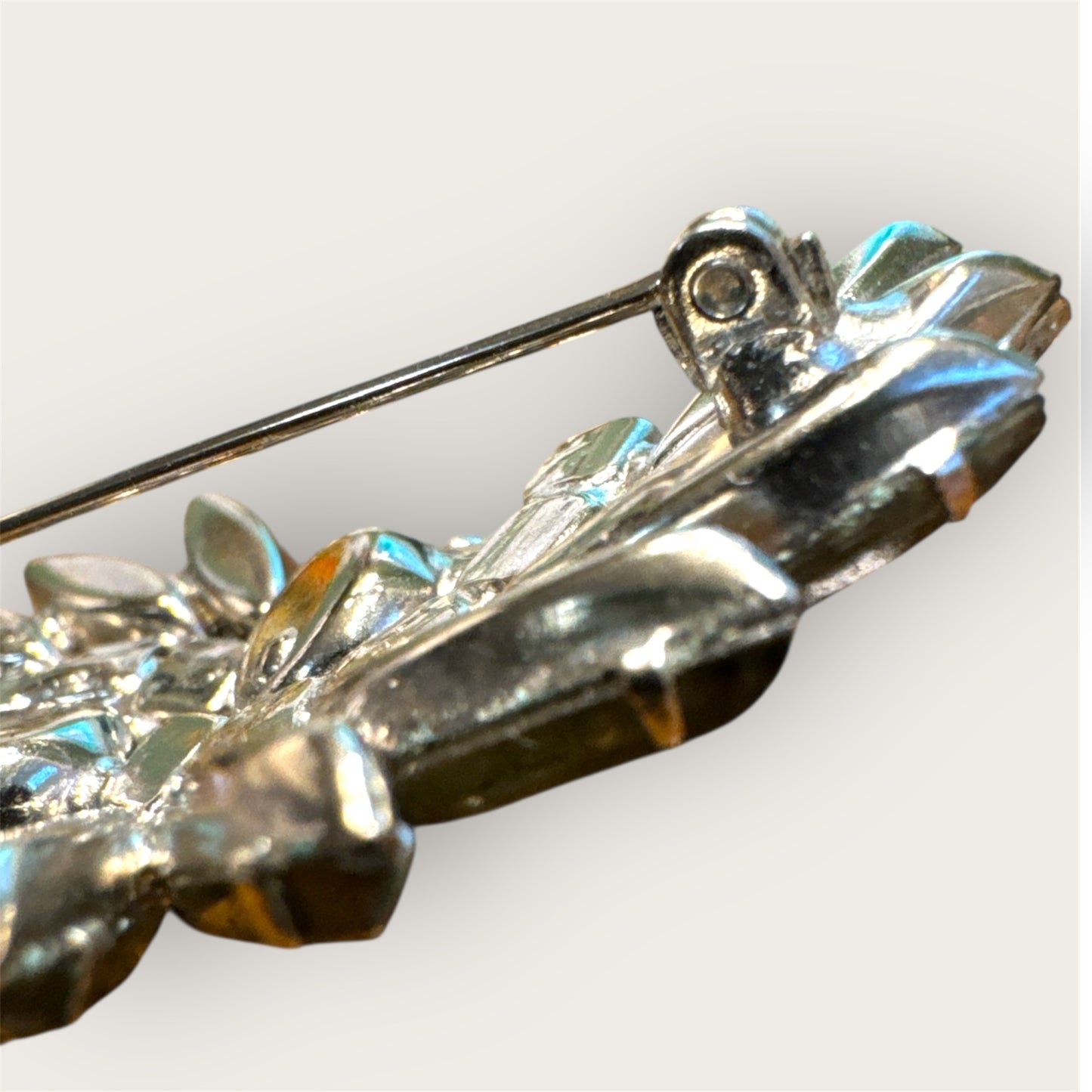 Vintage Silver Tone Slate Green Rhinestone Navette Brooch with Aurora Borealis Halo