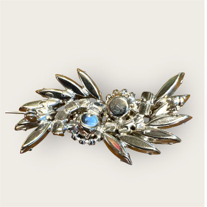 Vintage Silver Tone Slate Green Rhinestone Navette Brooch with Aurora Borealis Halo
