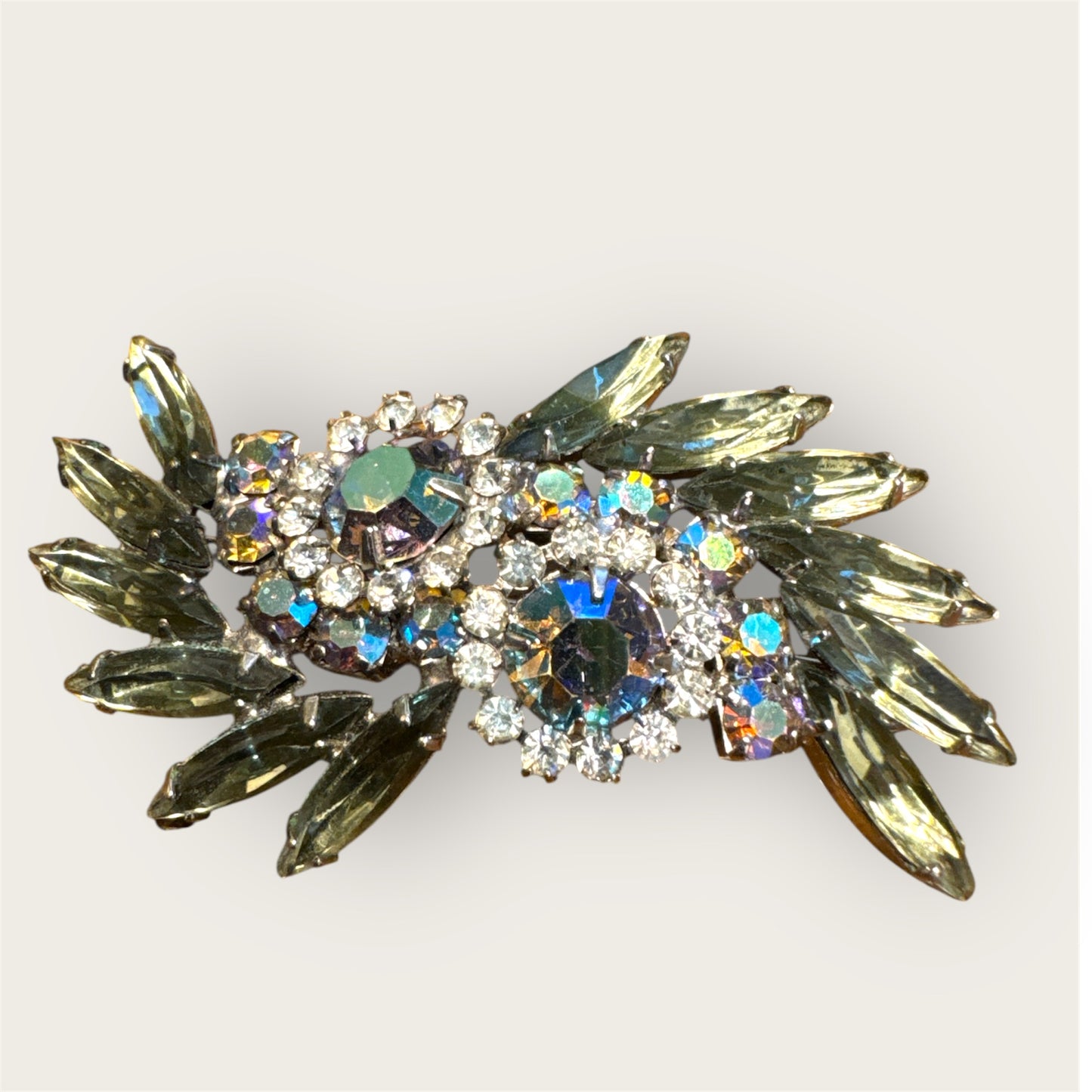 Vintage Silver Tone Slate Green Rhinestone Navette Brooch with Aurora Borealis Halo