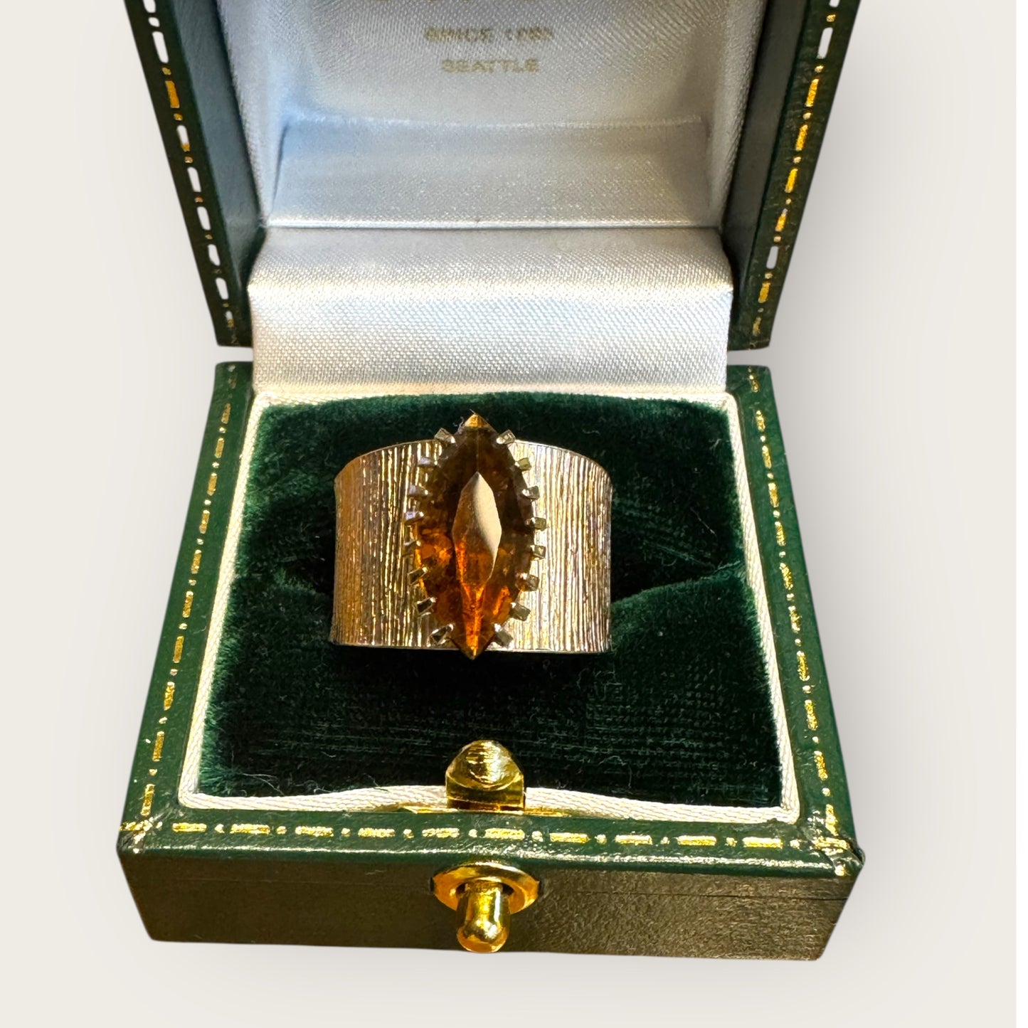 Vintage SARAH Coventry Gold Tone Textured Wide Band Ring – Root Beer Marquise Rhinestone, Adjustable Statement Fit