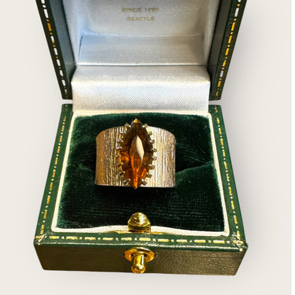 Vintage SARAH Coventry Gold Tone Textured Wide Band Ring – Root Beer Marquise Rhinestone, Adjustable Statement Fit
