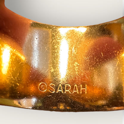 Vintage SARAH Coventry Gold Tone Textured Wide Band Ring – Root Beer Marquise Rhinestone, Adjustable Statement Fit