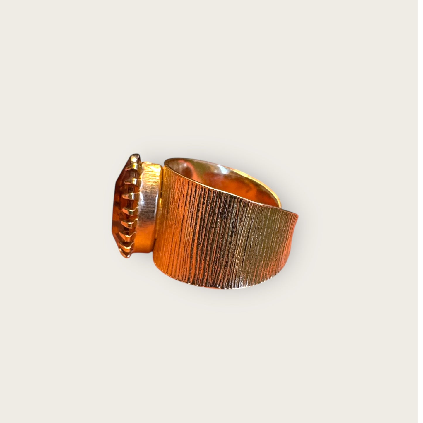 Vintage SARAH Coventry Gold Tone Textured Wide Band Ring – Root Beer Marquise Rhinestone, Adjustable Statement Fit